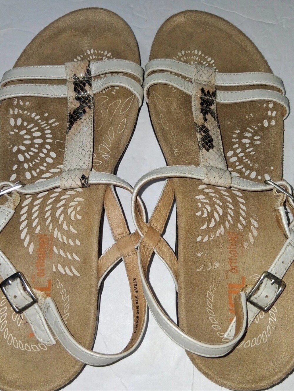 Women's White and Tan Snake-Accent T-Strap Sandals